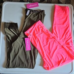 Women's Lace Trim Pajama Set - Olive Green and Neon Pink